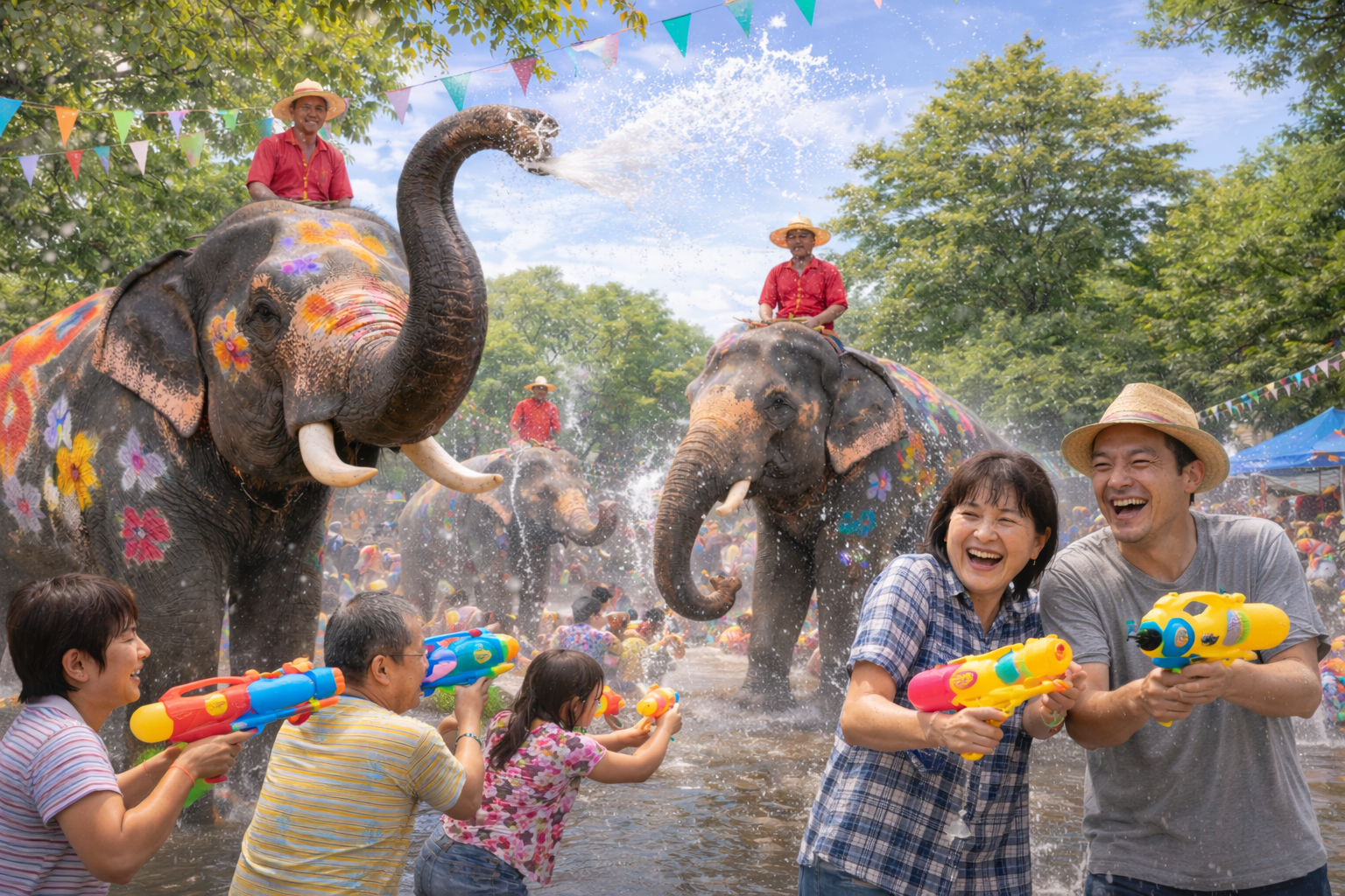 象の鼻から勢いよく飛ぶ水しぶきを浴びて、1年の幸運を祈りましょう